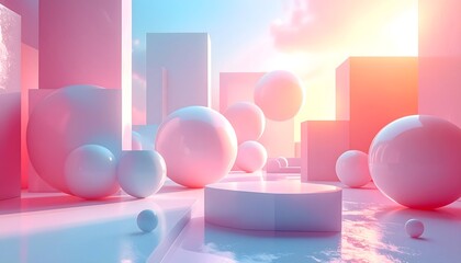 A cityscape with pink and white buildings and spheres