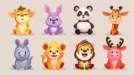 Naklejka premium Cute cartoon baby animals sitting, including a giraffe, bunny, panda, lion, tiger, and deer, on a light background.