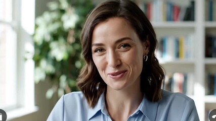 A friendly and engaging young adult woman smiles warmly while looking directly at the camera, conveying confidence and approachability. Her expressive face and natural brown hair frame her genuine smi