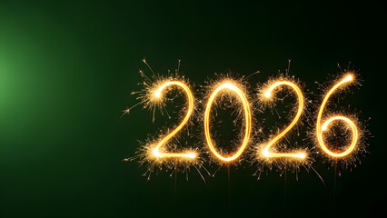 Sparkling 2026 written in sparklers on dark green background
