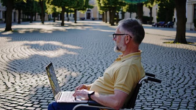 Older man in yellow shirt working on laptop outdoors in wheelchair. Cobblestone ground, trees and sunlight. Man, wheelchair, disabled, outdoor, senior, laptop, retired, independence, elderly, work