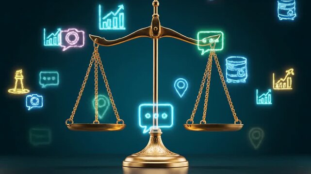 Golden scales of justice on teal gradient background symbolize legal balance, fairness, and the judicial system. Conceptual and symbolic for law.