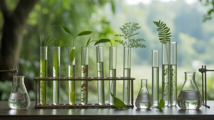 Science experiment with test tubes and plants in a natural green outdoor setting