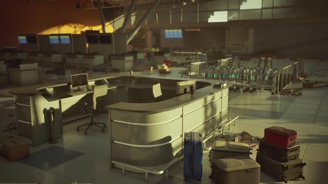 An abandoned airport terminal showcases empty check in counters, scattered luggage, and a haunting stillness, evoking a sense of lost journeys and forgotten travel plans in fading light.
