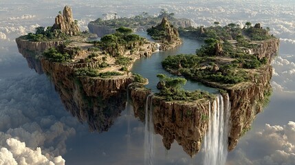 A breathtaking view of multiple lush floating islands with rivers and waterfalls, suspended in a serene sky above clouds.
