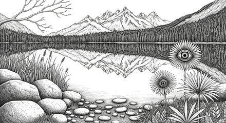 Intricate Pen and Ink Stipple Drawing of Mountain Lake Reflection and Surreal Fantasy Plants