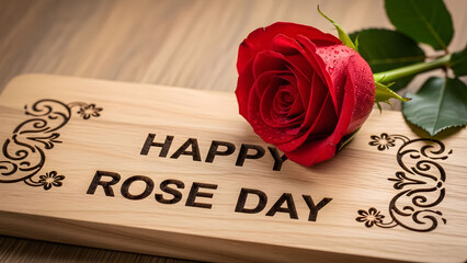 A vibrant single red rose with fresh morning dew rests gently upon a beautifully engraved wooden plaque celebrating happy rose day wishes