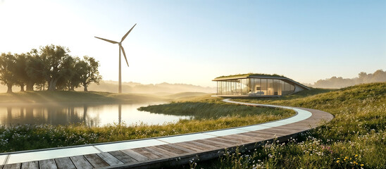 Sustainable Eco House by Lake with Wind Turbine at Sunrise