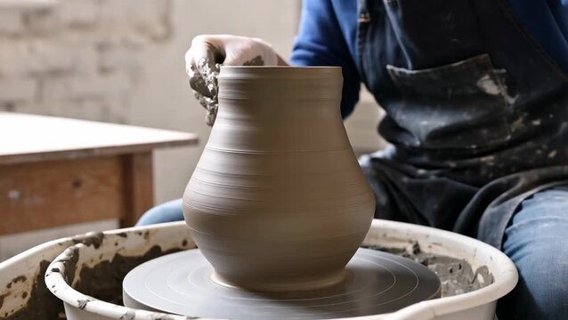 Skilled Pottery Artist Shaping Clay in a Cozy Studio Environment