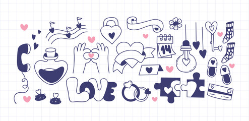 Obraz premium Valentine Love Doodle Set with Hearts, Gifts, Rings and Romantic Symbols. Isolated Hand Drawn Elements on a Checkered Background. Vector Illustration. Not AI