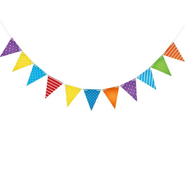 Colorful triangular party bunting flags with patterns on black background banner triangle