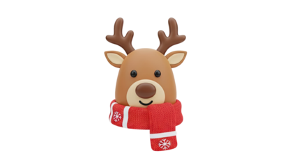 3D Cute Reindeer Head with Christmas Scarf on transparent background