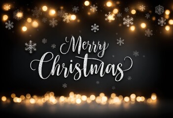 Merry Christmas festive background with glowing bokeh lights and snowflakes.