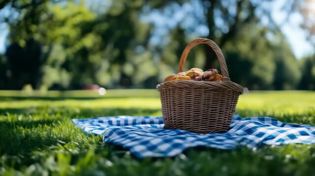 Wicker picnic basket filled with treats on a blue plaid blanket in lush green grass, sunny park
