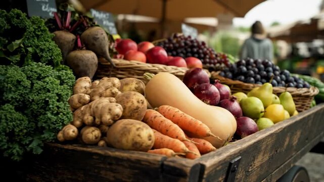 A cinematic dolly shot gliding past an abundant display of fresh, wholesome root vegetables and autumn fruits on a weathered wooden cart nutrition, garden, produce