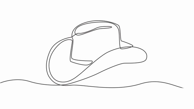 Animated self drawing One line art cowboy hat - Minimalist continuous line drawing of western style hat vector illustration, cowboy on horse galloping across dusty field. Cowboy on bucking