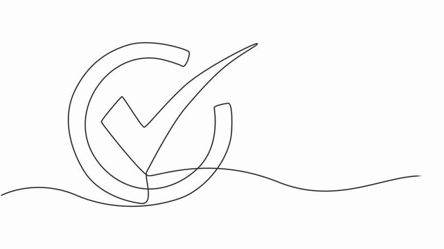 Check mark continuous line art drawing. Tick one line icon. Animation on white background, checkmark animation continuous one line drawing, Approval check mark icon.