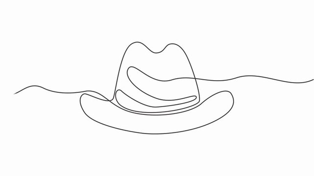 Animated self drawing One line art cowboy hat - Minimalist continuous line drawing of western style hat vector illustration, cowboy on horse galloping across dusty field. Cowboy on bucking
