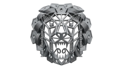 Geometric silver lion head constructed from weight plates and kettlebells metallic