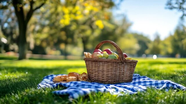 A picnic basket with fruit and pastries on a blue checkered blanket in a sunny park