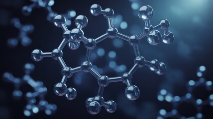 3D rendering of a clear molecular structure with interconnected spheres and cylinders on a dark blue background, representing chemistry and science.