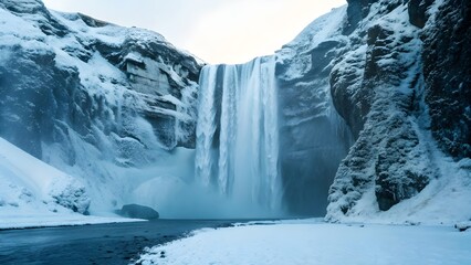Majestic Frozen Waterfall Cascading Between Towering Icy Cliffs, Showcasing Nature’s Winter Power, Sculpted Ice Formations, and the Breathtaking Beauty of a Frozen Wilderness in Still Motion