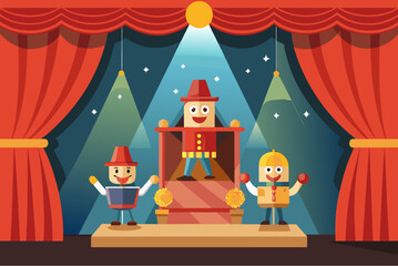 Naklejka premium Colorful puppet show on stage with smiling characters, red curtains, and spotlights symbolizing entertainment and childhood fun
