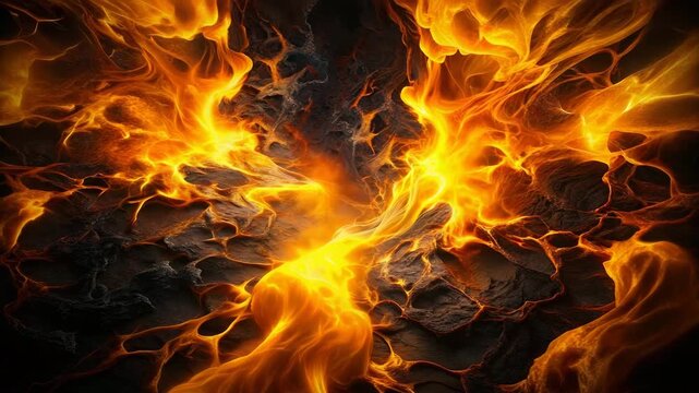 Dynamic swirling fiery lava and glowing flames on a dark rocky surface for elemental power concept and intense abstract background