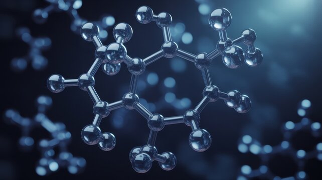 3D rendering of a clear molecular structure with interconnected spheres and cylinders on a dark blue background, representing chemistry and science. - Powered by Adobe