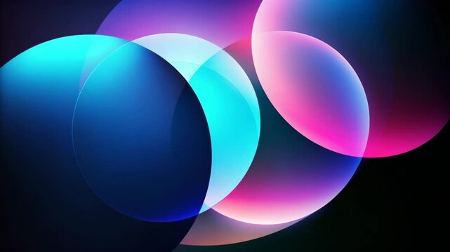 Dynamic overlapping gradient circles in blue and pink tones on a dark background, representing a modern technology and digital connection concept