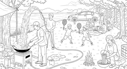 Obraz premium Family Camping Trip Fun Cooking and Playing Outdoors Summer Vacation Lifestyle Activities