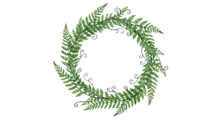 Green fern wreath with white decorative swirls on black background leaves foliage