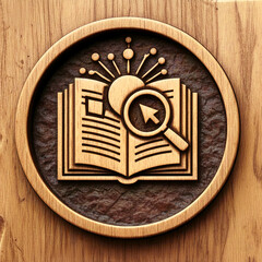Information Access and Research Conceptual Wooden Emblem with Book and Magnifying Glass Icon
