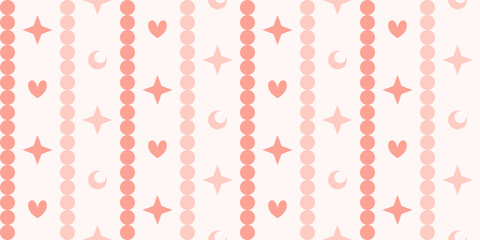 Pink monochromatic pattern with heart shapes, crescent moons, and bubble stripes.