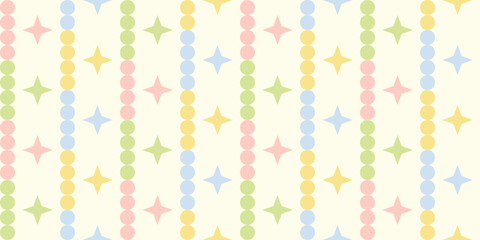 Seamless vertical pattern with pastel bubbles and sparkle stars on cream background.