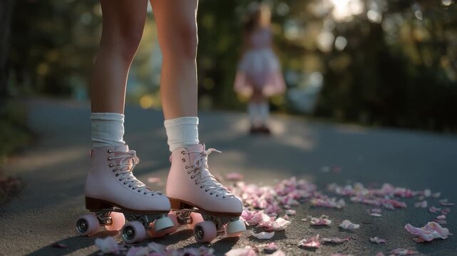 Elegant skateboarding scene with young girl rollerskating on sunny path