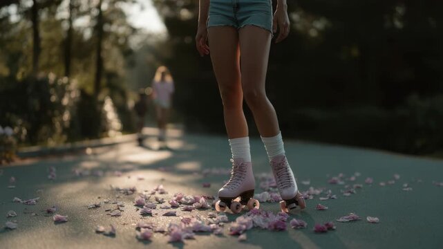 Young woman roller skating on a scenic path during sunset with flower petals falling