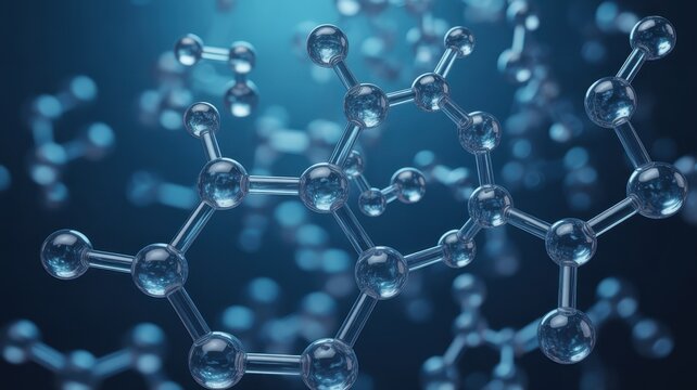Molecular structure with glowing blue atoms and bonds against a dark background, representing chemistry and scientific research. - Powered by Adobe