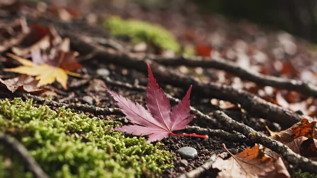 Extremely detailed slow motion capture of a single deep scarlet Japanese maple leaf spinning and drifting gently down to the earthy forest floor detail, tranquil, conservation