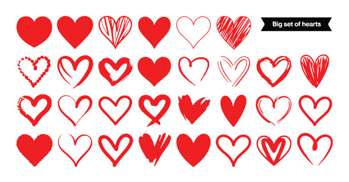 Big set of hearts different styles, collection of hand drawn doodle red heart shapes