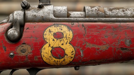 Close-up of weathered rifle stock with number 8
