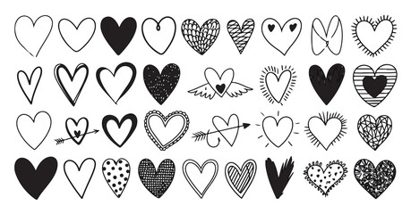Fototapeta premium Set of black and white doodle hearts collection design elements isolated on white background art