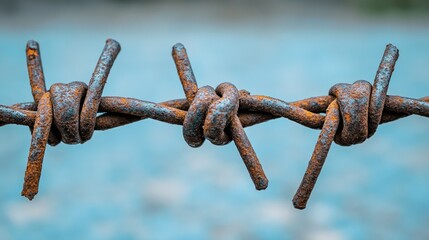 Close-up rusty barbed wire fence against a blurred blue background
