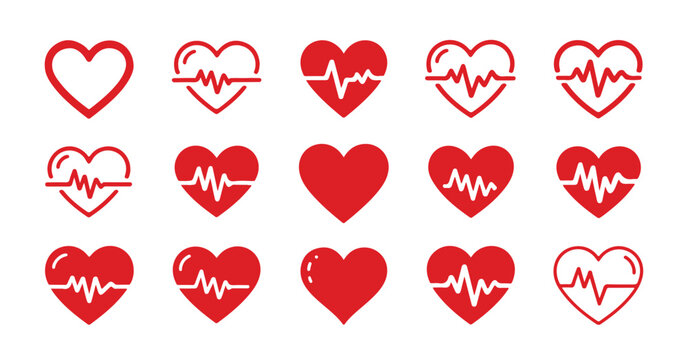 Red heart shapes with cardiogram lines and solid hearts vector icons