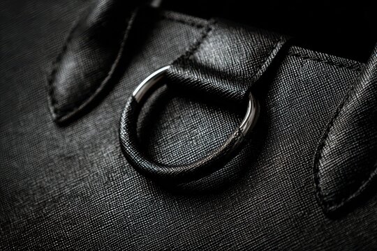 Close up view of a black purse showcasing its textured surface and metal ring detail on the handle, emphasizing its design and craftsmanship in a well-lit setting