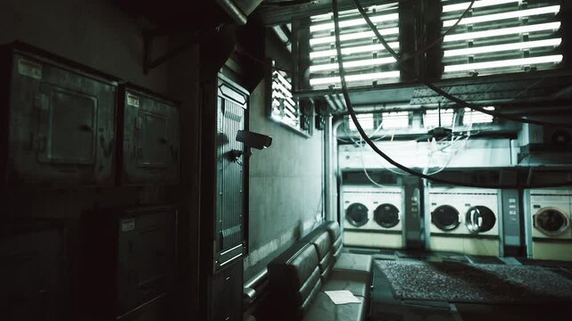 The utility room features rows of washing machines, dim lighting, and a cluttered atmosphere. Pipes and cables run along the walls, creating an industrial and somewhat eerie vibe.