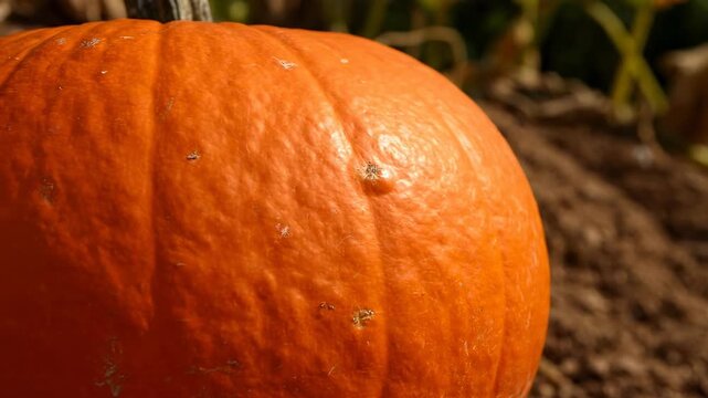 An artistic close-up perspective revealing the intricate textures and unique patterns on the skin of a single vibrant pumpkin resting firmly on a textured earthen hill rough, vegetable, natural