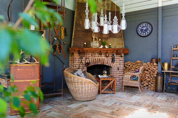 Cozy indoor space with fireplace and rustic decor