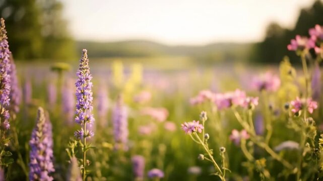 An impressionistic and soft focus shot of a dreamy wildflower meadow, with blurred background elements creating a tranquil and ethereal spring atmosphere diffused light, natural beauty, background