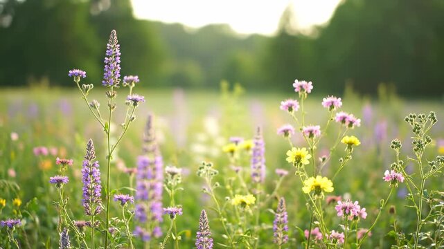 An impressionistic and soft focus shot of a dreamy wildflower meadow, with blurred background elements creating a tranquil and ethereal spring atmosphere serene, abstract, natural beauty